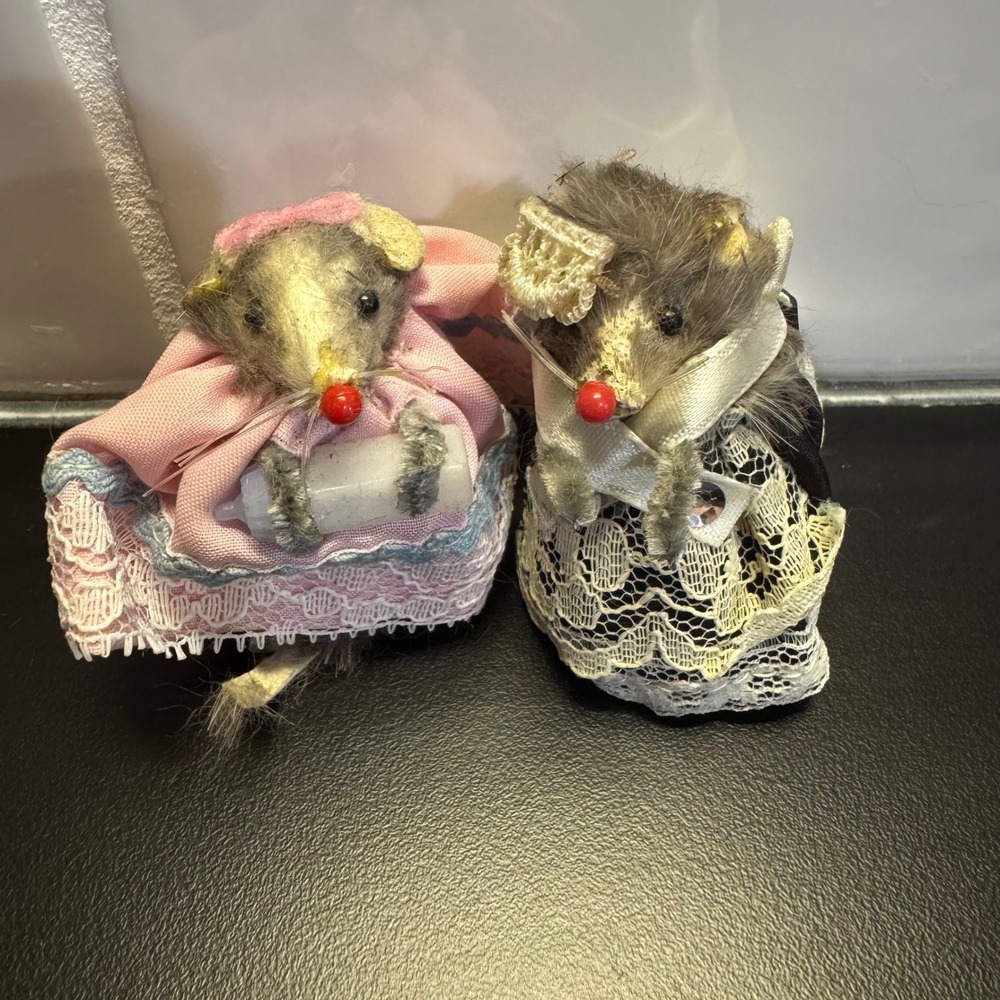 Original Fur Toys Mice Figurines Vintage Set 2 Pink Black Lace West Germany I-1